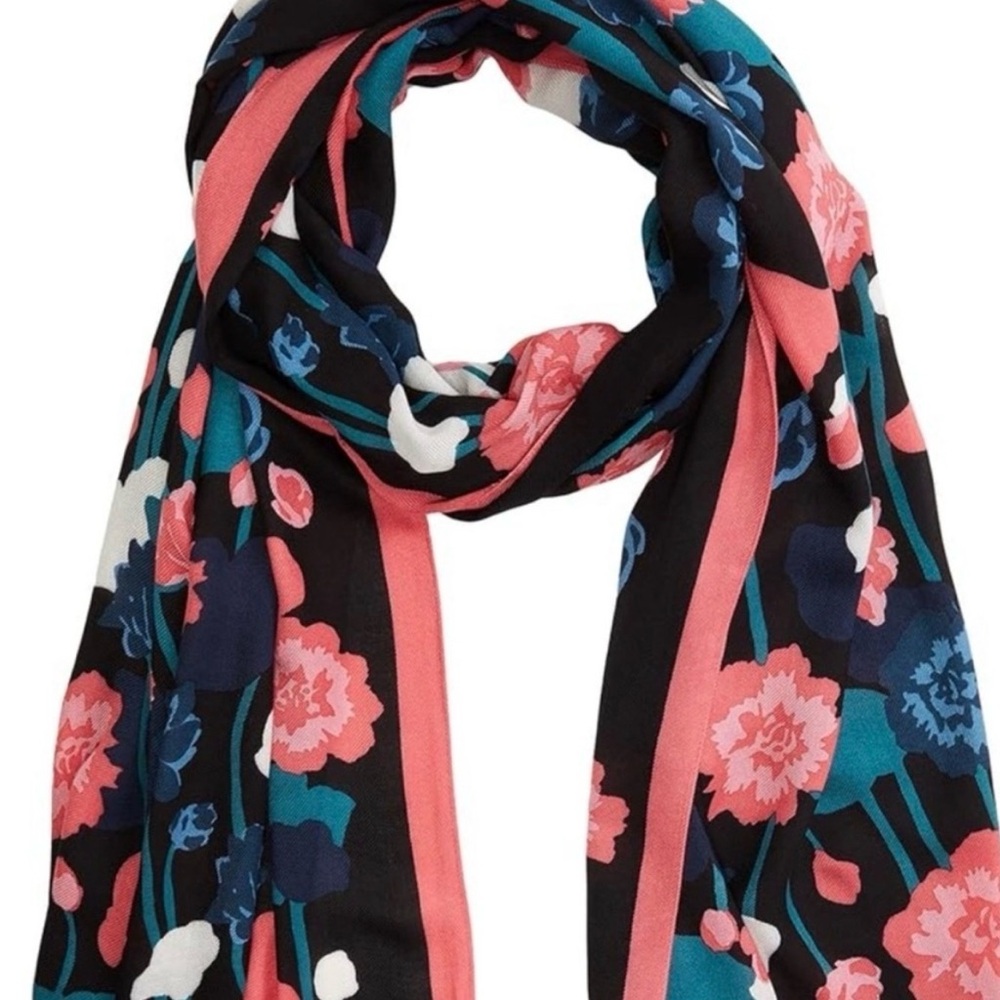 Kate Spade Viney Floral Scarf Black Coral Pink Green Blue Shawl - Picture 10 of 10